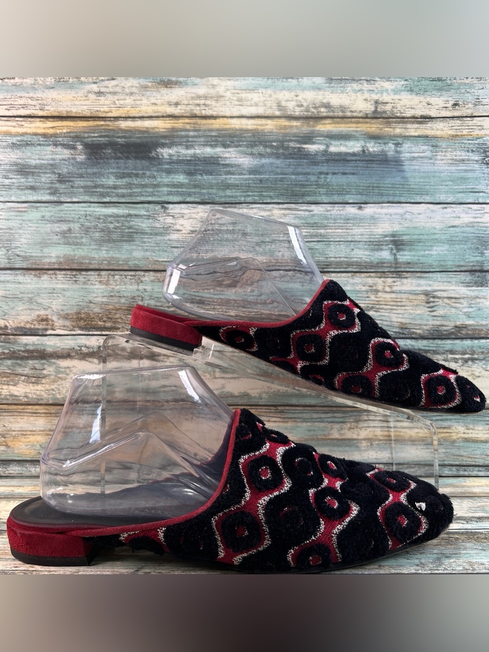 STUART WEITZMAN Mulearky Mules 9B Dress Slip On Flats Geometric Black Red Suede